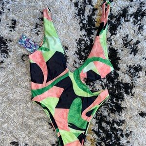 Neon Green and Pink Cut Out High Cut One Piece